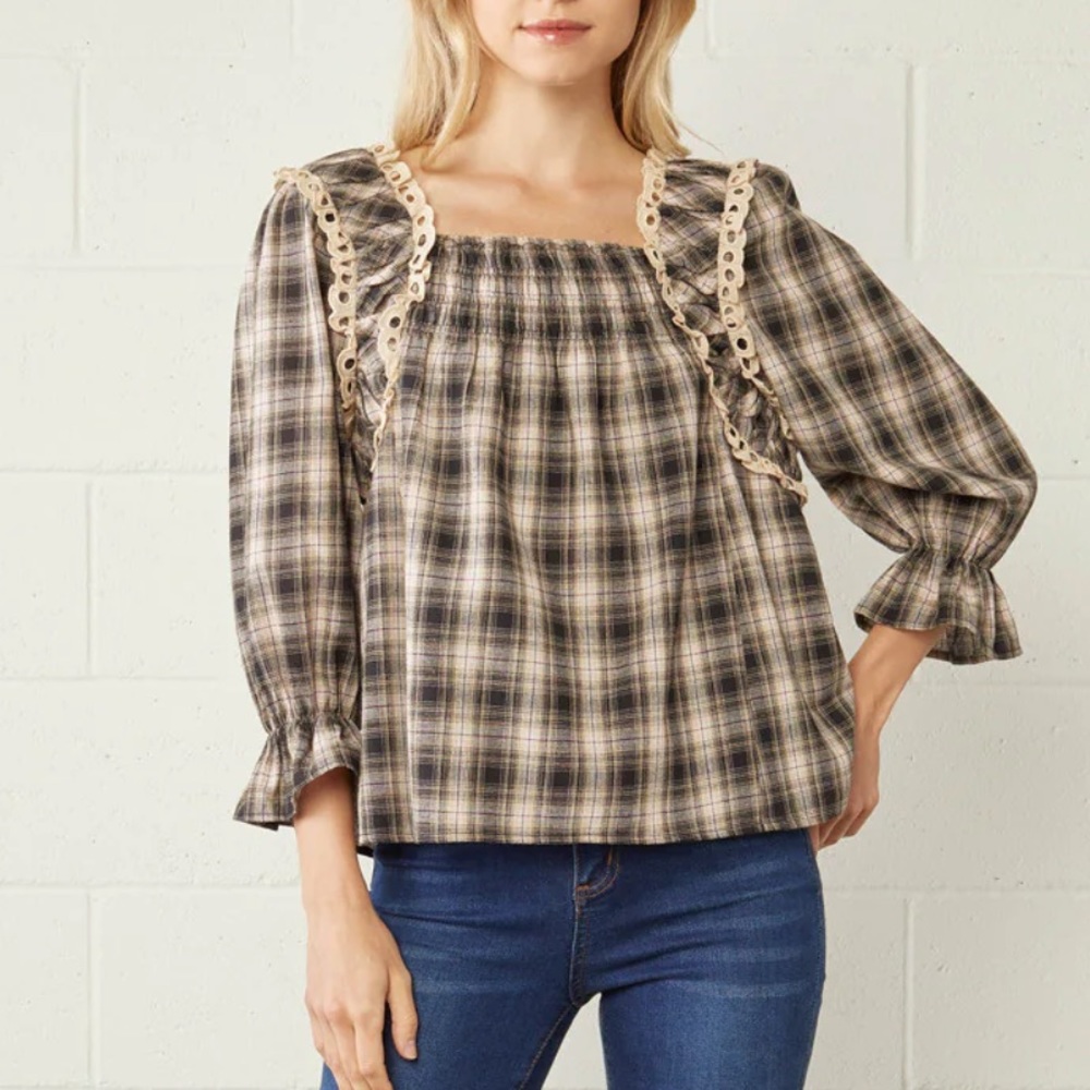 NEW fall plaid lace eyelet ruffle top